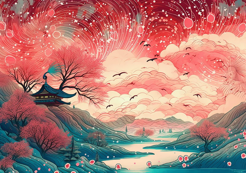 山川河流山腰亭子粉色系古建筑国潮节日背景插画,插画/手绘图,插画/手绘图库,插画/手绘图下载,插画/手绘
